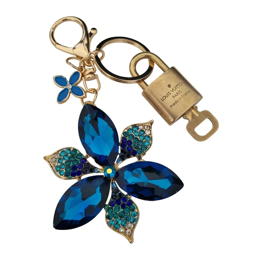 Louis Vuitton Padlock Key Blue Crystal Flower Bag Charm Keychain Gold Tone Gift